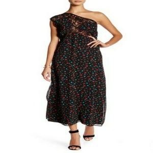 W118 One Shoulder Floral Waist Tie Dress